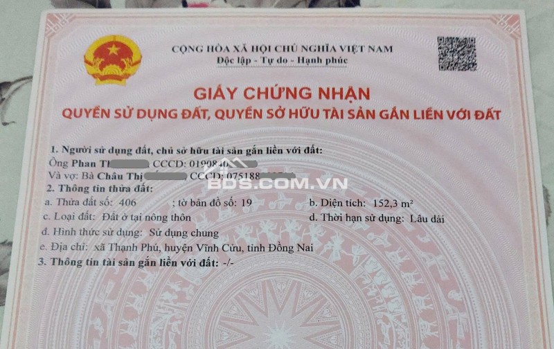 Đất thổ cư 8x19m - sổ riêng - Khu dân cư Thạnh Phú, Vĩnh Cửu, Đồng Nai (Ngã 3 đèn vàng, Chang Shin)